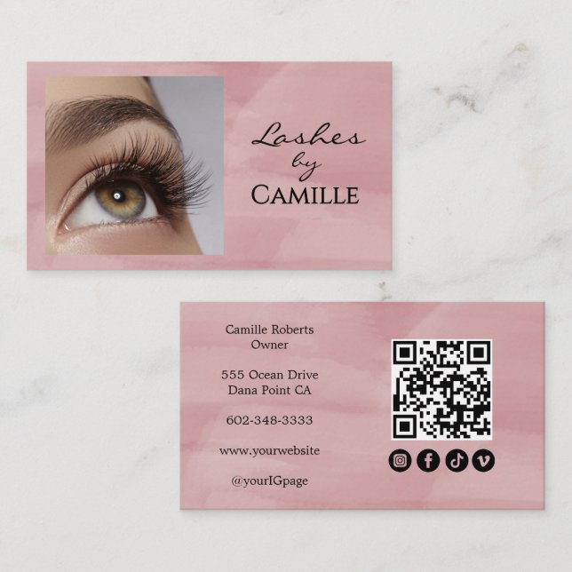 Blush Pink Script Social Icon QR Code Photo Lash Business Card (Front/Back)