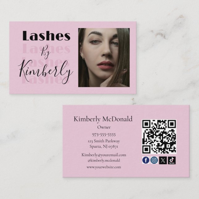 Blush Pink Script Social Icon QR Code Photo Lashes Business Card (Front/Back)