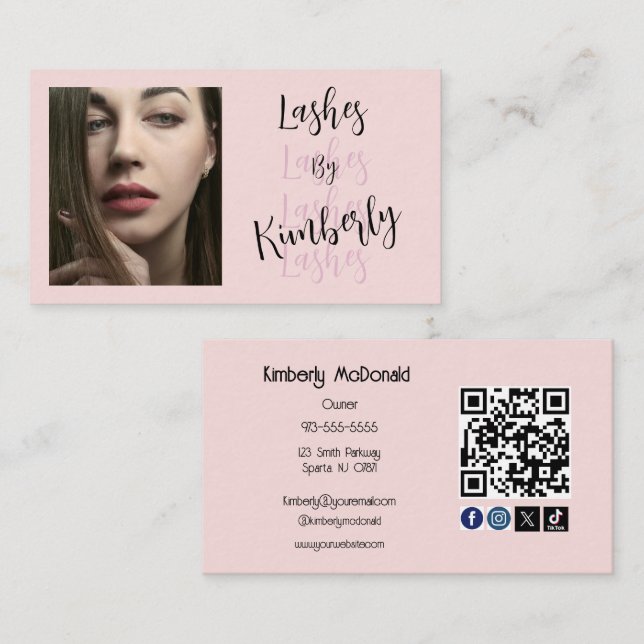 Blush Pink Script Social Icon QR Code Photo Lashes Business Card (Front/Back)