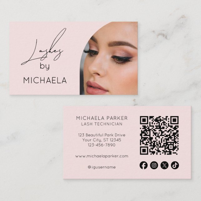 Blush Pink Script Social Icon QR Code Photo Lashes Business Card (Front/Back)