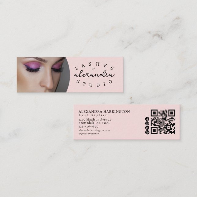 Blush Pink Script Social Icon QR Code Photo Lashes Mini Business Card (Front/Back)