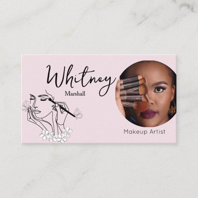 Blush Pink Script Social Icon QR Code Photo Makeup Business Card (Front)