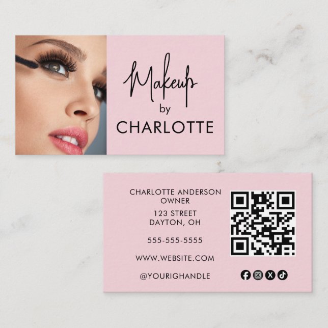 Blush Pink Script Social Icon QR Code Photo Makeup Business Card (Front/Back)