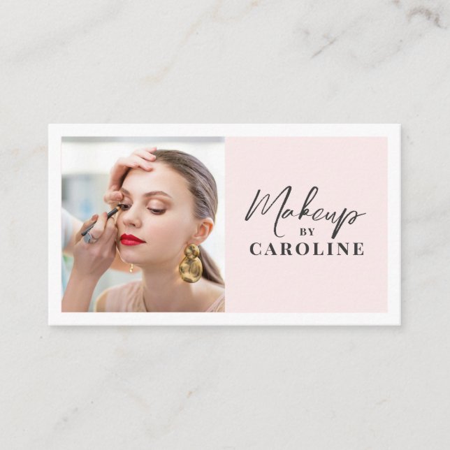 Blush Pink Script Social Icon QR Code Photo Makeup Business Card (Front)