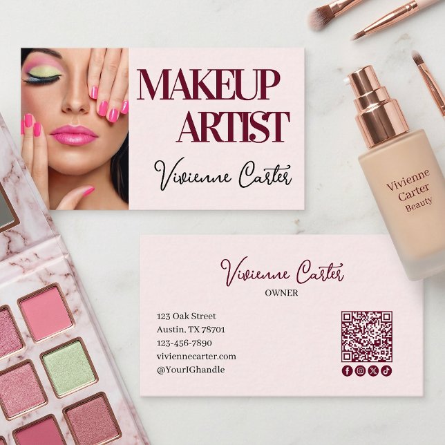 Blush Pink Script Social Icon QR Code Photo Makeup Business Card (Makeup Artist Blush Pink Business Card with Photo)