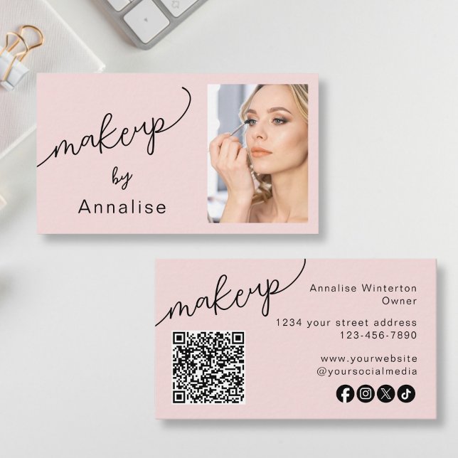 Blush Pink Script Social Icon QR Code Photo Makeup Business Card (Creator Uploaded)