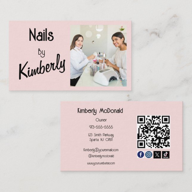 Blush Pink Script Social Icon QR Code Photo Nails Business Card (Front/Back)