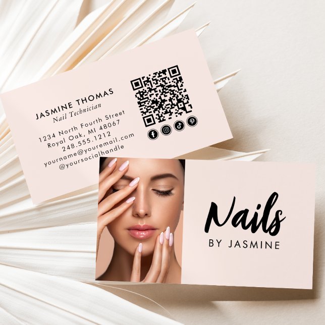 Blush Pink Script Social Icon QR Code Photo Nails Business Card (Creator Uploaded)