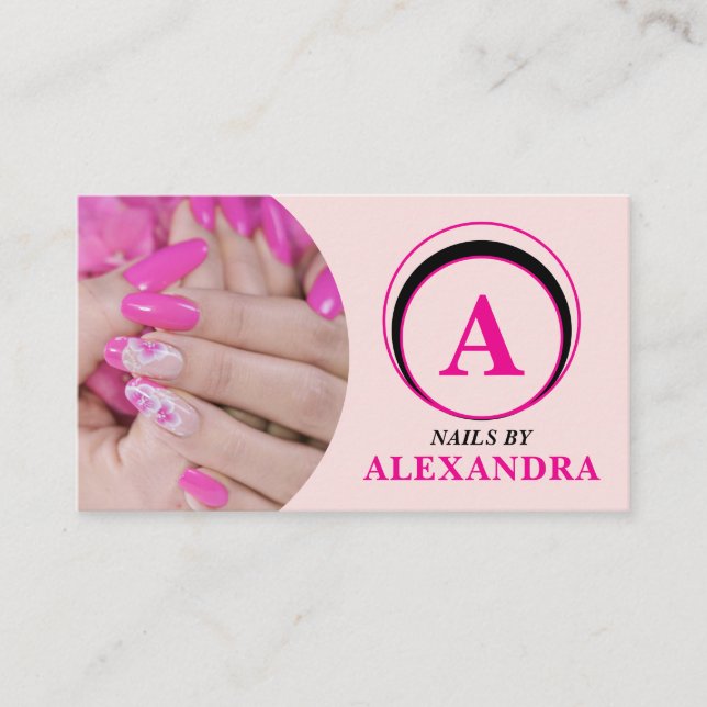 Blush Pink Script Social Icon QR Code Photo Nails Business Card (Front)