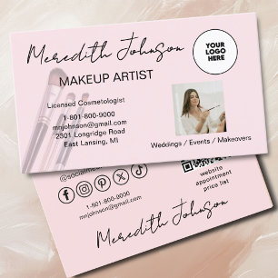 **Blush Pink Script Social Icon QR Photo Makeup Business Card