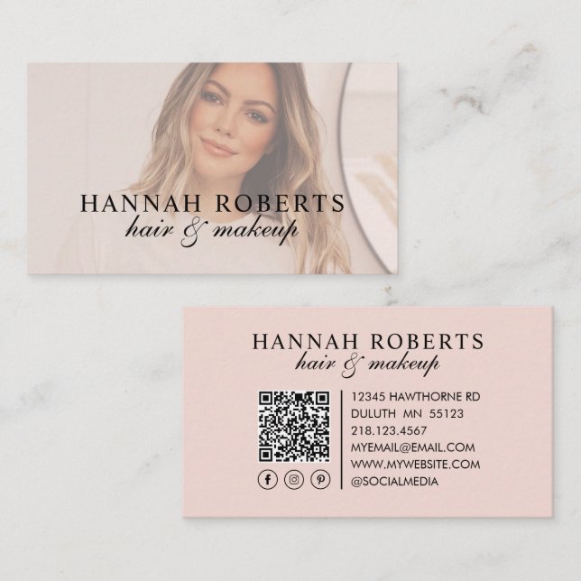 Blush Pink Script Social QR Code Photo Hair Makeup Business Card (Front/Back)