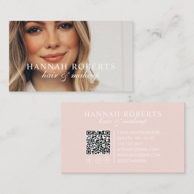Blush Pink Script Social QR Code Photo Hair Makeup Business Card (Front/Back)