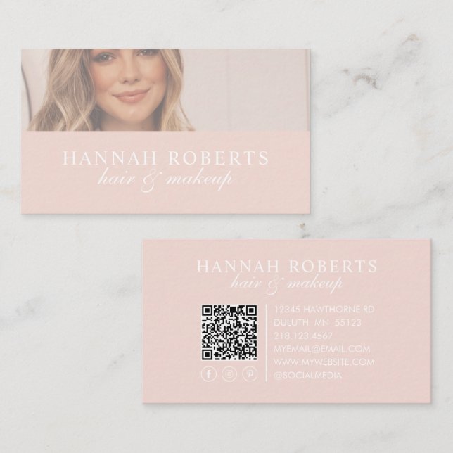 Blush Pink Script Social QR Code Photo Hair Makeup Business Card (Front/Back)