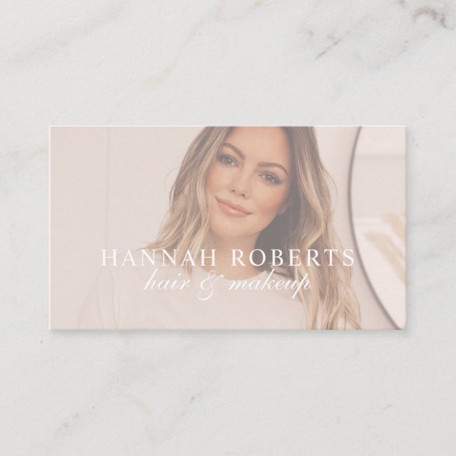 Blush Pink Script Social QR Code Photo Hair Makeup Business Card (Front)