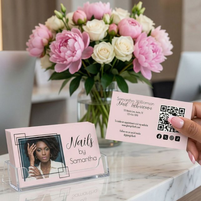 Blush Pink Script Social QR Code Photo Nail Tech Business Card (Creator Uploaded)