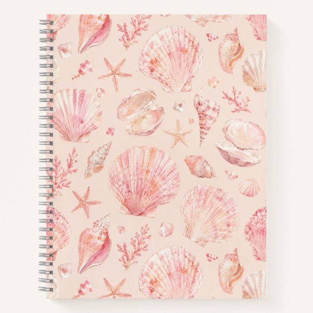 Blush Pink Seashell Watercolor Beach Pattern Notebook (Front)