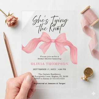 Blush Pink She's Tying the Knot Bow Bridal Shower Acrylic Invitations