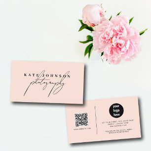 Blush Pink Signature Script QR Code Social Media  Business Card