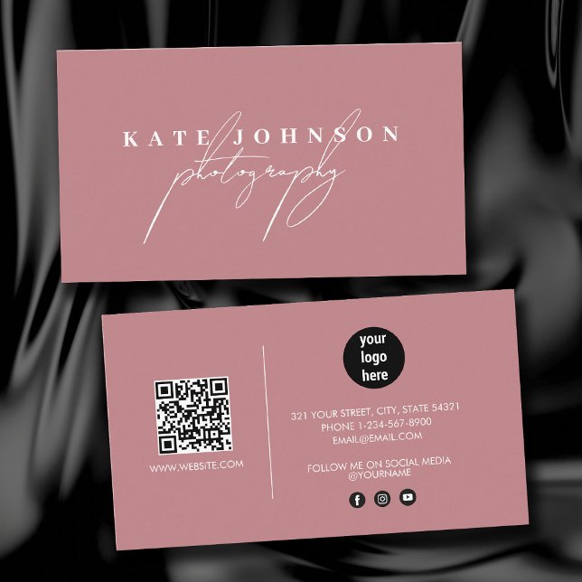 Blush Pink Signature Script QR Code Social Media  Business Card (Blush Pink Signature Script QR Code Social Media Business Card)