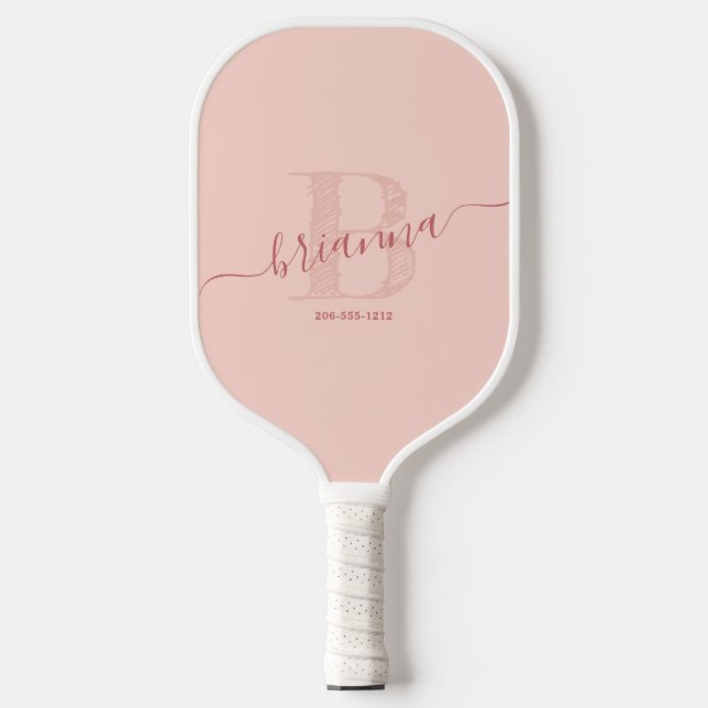 Blush Pink Signature Script Rustic Initial Pickleball Paddle (Front)