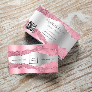 Blush pink silver agate marble logo QR code Business Card