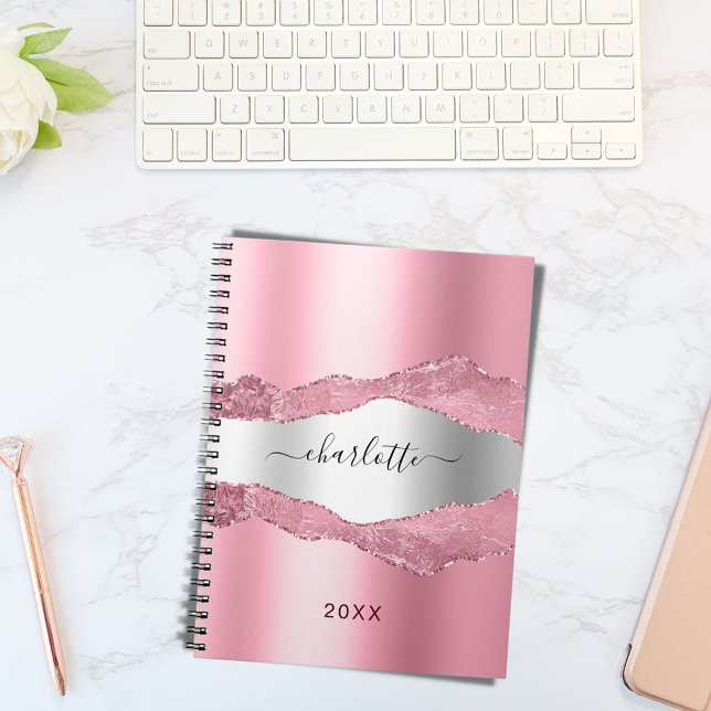 Blush pink silver agate marble name  notebook (Creator Uploaded)