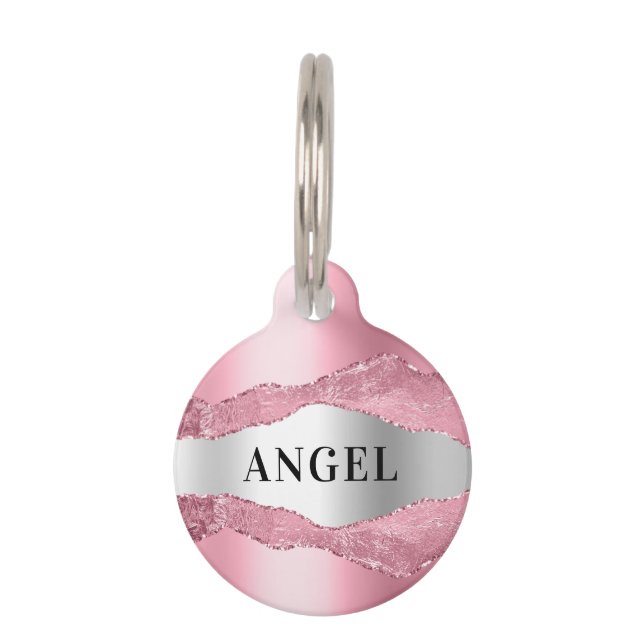 Blush pink silver agate marble name pet tag (Front)
