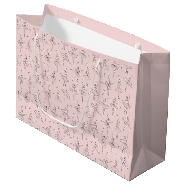 Blush Pink & Silver Ballerina Pattern Large Gift Bag (Front Angled)