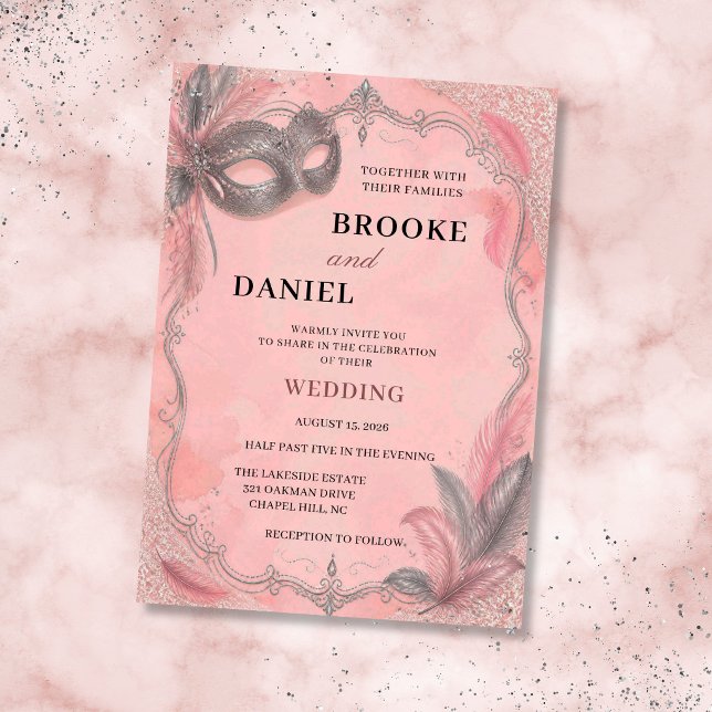 Blush Pink & Silver Feather Masquerade Wedding Invitation (Creator Uploaded)