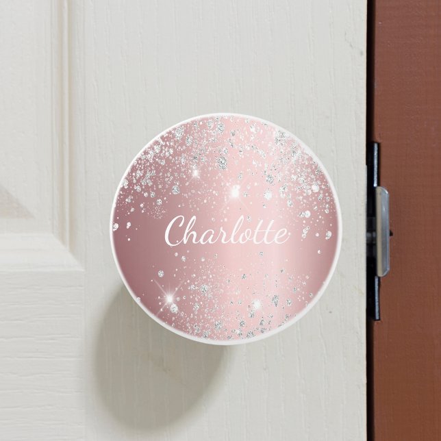 Blush pink silver glitter dust monogram girly ceramic knob (Creator Uploaded)