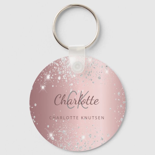 Blush pink silver glitter dust monogram name keychain (Front)