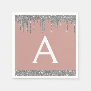 Blush Pink Silver Glitter  Monogram Birthday Napkin