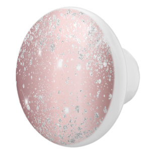 Blush pink silver glitter sparkles girly elegant ceramic knob