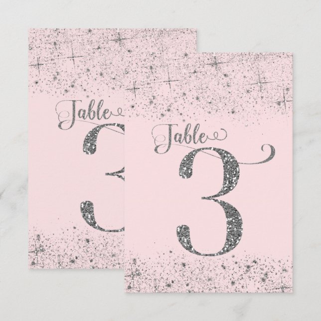 Blush Pink Silver Glitter Table Numbers Number 3 (Front/Back)