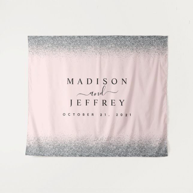 Blush Pink & Silver Glitter Wedding Backdrop Tapestry (Front (Horizontal))