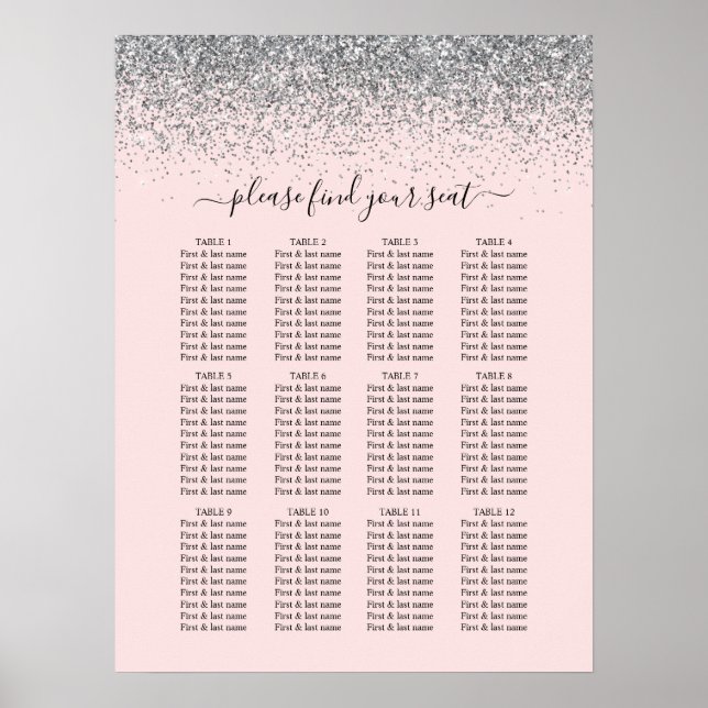 Blush Pink & Silver Glitter Wedding Seating Chart (Front)