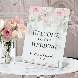 Blush Pink Silver Greenery Welcome To Our Wedding Pedestal Sign