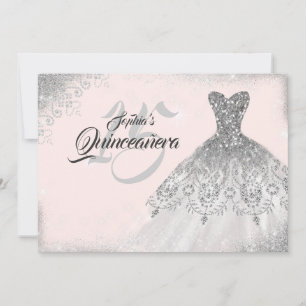 Blush Pink Silver Lace Diamond Gown Quinceanera Invitation