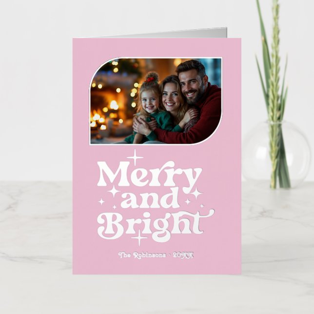 Blush Pink & Silver Merry & Bright Photo Christmas Foil Holiday Card (Front)