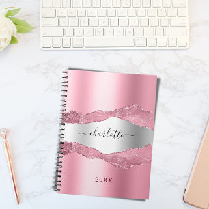 Blush pink silver metal agate marble name notebook