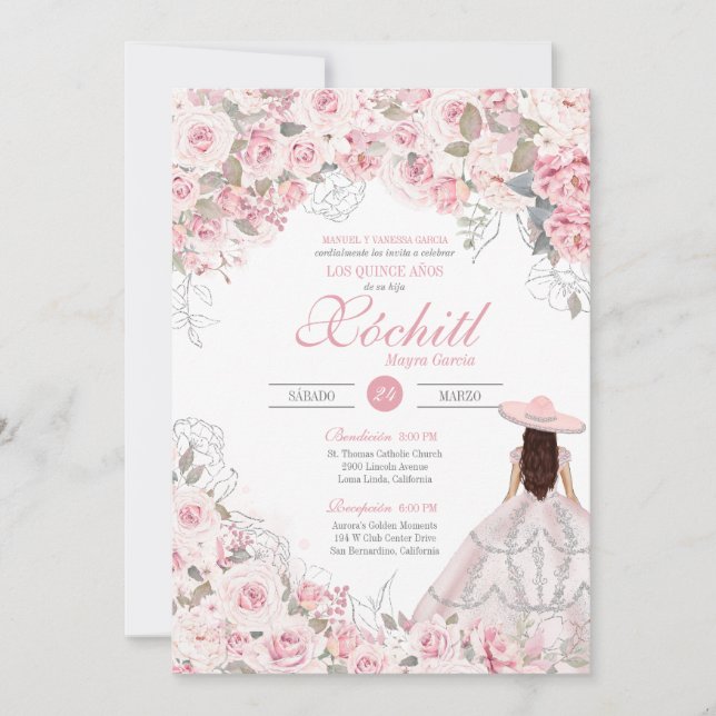 Blush Pink Silver Rose Blossom Charro Quinceanera Invitation (Front)