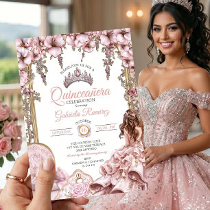 Blush Pink Silver Tiara Floral  Quinceañera Invitation