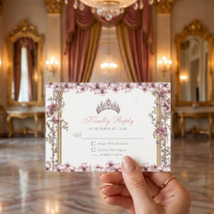 Blush Pink Silver Tiara Floral Quinceañera RSVP Card
