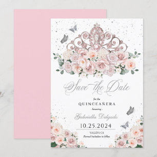 Blush Pink Silver Tiara Save The Date Quinceañera Invitation