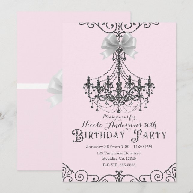 Blush Pink Silver White Bow Birthday Party Any Age Invitation (Front/Back)