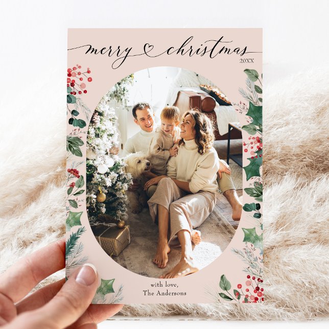 Blush Pink Simple 1 Photo Merry Christmas Card (Creator Uploaded)