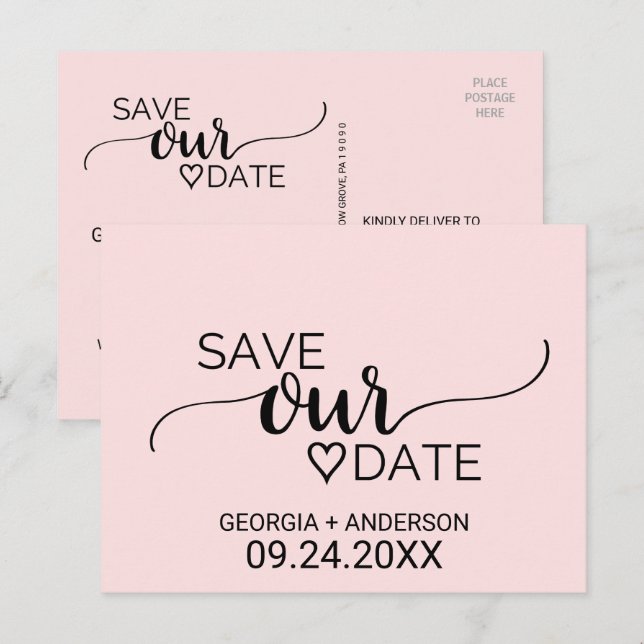 Blush Pink Simple Calligraphy Save our Date Announcement Postcard (Front/Back)