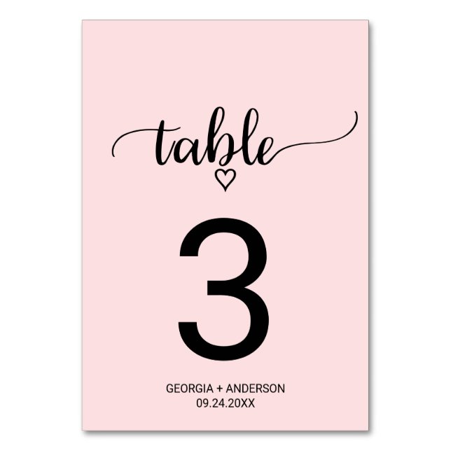 Blush Pink Simple Calligraphy Wedding Table Number (Front)