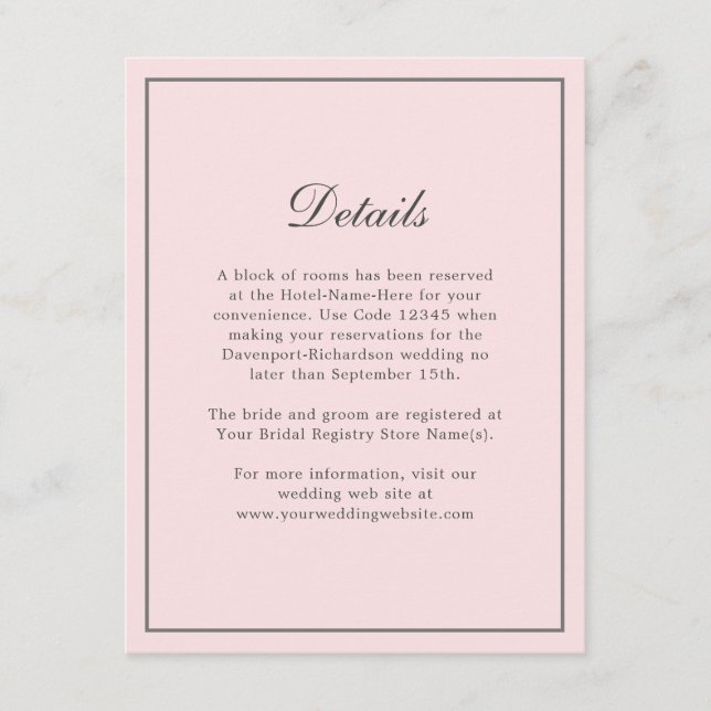 Blush Pink Simple Elegant Wedding Info Details Enclosure Card (Front)