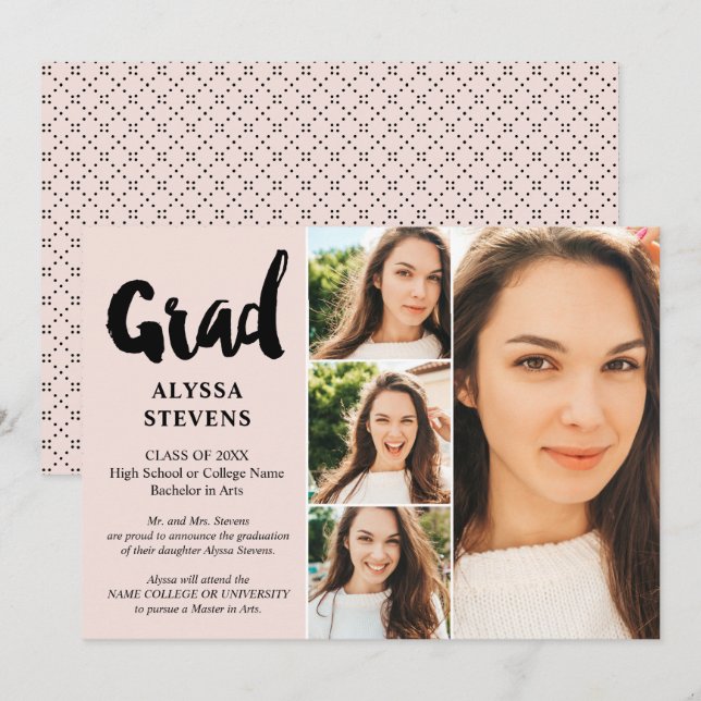 Blush pink simple Grad script 4 photos graduation Invitation (Front/Back)